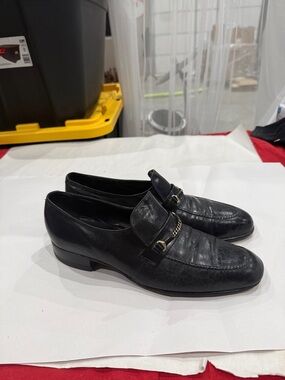 Florsheim Black Leather Slip-On Loafers with Metal Chain Accent